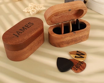 Custom Wooden Guitar Picks with Case,  Engraved Wooden Guitar Pick Case, Plectrum Box Guitar Player Gift, Gift for Guitarist, Gift for Dad