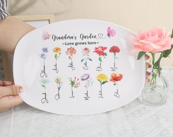 Personalized Grandmas Garden Gift,Custom Birth Month Flower Plate With Grandkid Name,Family Flower Plate,Mothers Day Gift For Mama Nana Mimi
