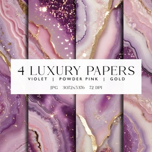 Puede incluir: Cuatro papeles de lujo con diseños violeta, rosa empolvado y dorado. La imagen presenta patrones abstractos con purpurina y detalles dorados. El texto de la imagen dice "4 Luxury Papers" y enumera los colores.