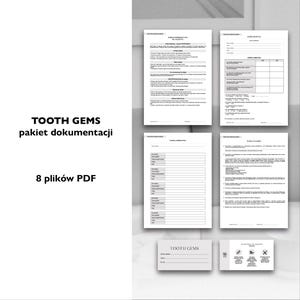 May include: A collection of white documents with black text, including forms and cards. The text "TOOTH GEMS pakiet dokumentacji" is displayed in black, along with "8 plików PDF". The documents are arranged on a light background.