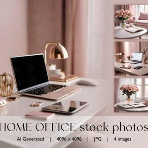 May include: A rose gold laptop, smartphone, and accessories are arranged on a white desk. A gold desk lamp and decorative globe are also present. The image includes the text "HOME OFFICE stock photos".