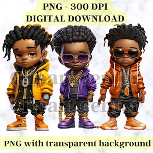 GARÇONS NOIRS Clipart Png, garçons afro-américains, téléchargement numérique instantané, illustrations de jeunes urbains, art numérique garçon noir, style Cool, hip-hop