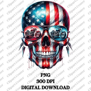 Tête de mort patriotique drapeau USA moto Clipart, conception de sublimation PNG de motard, téléchargement numérique de fierté américaine pour des T-shirts et des travaux manuels, moto