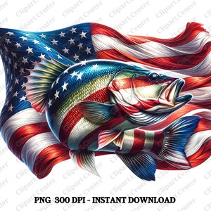 American Bass Fishing Clipart, Patriotic Bass Fisherman Png, Fishing Sublimation Design, USA Bass Fish Image, Fishing Enthusiast Png