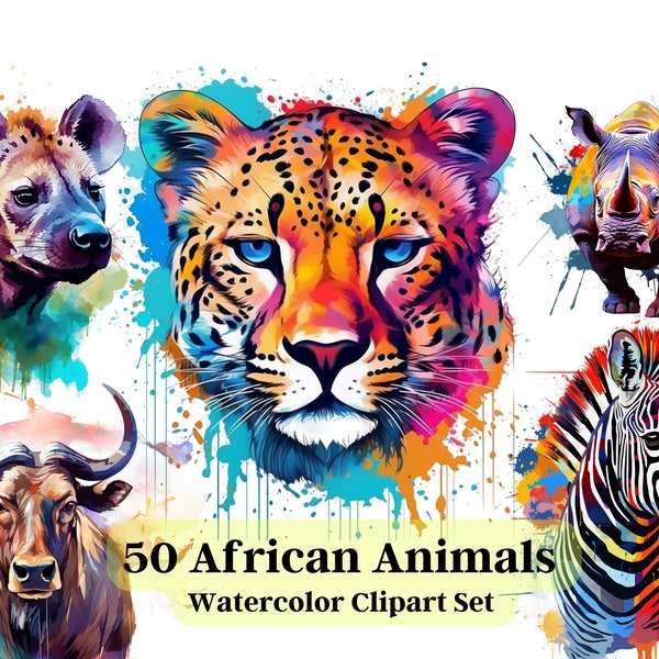 50-teiliges Aquarell-Clipart-Set mit afrikanischen Tieren - Safaritiere, hohe Qualität, PNG-Format, sofortiger digitaler Download, afrikanische Wildtiere, Art