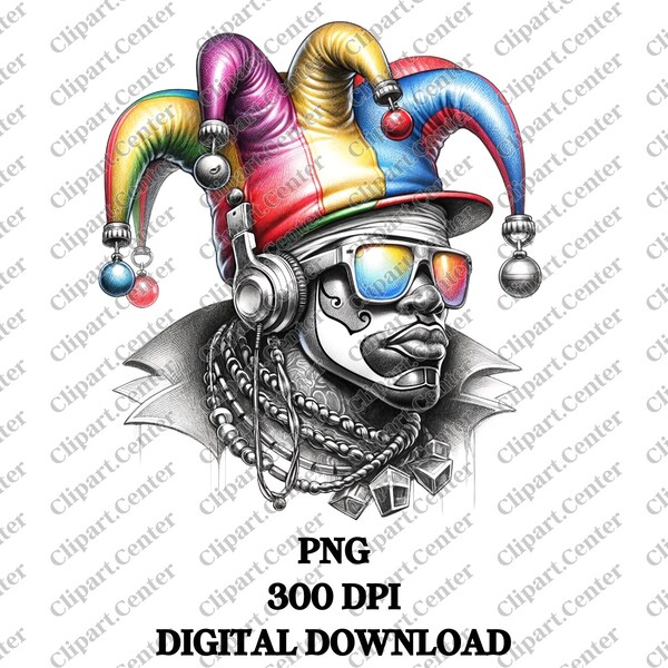 Trendy Jester Clipart, Colorful Jester Hat Design, PNG Digital Download for T-shirts, Urban Style Jester Illustration, Hip Hop Clown Art