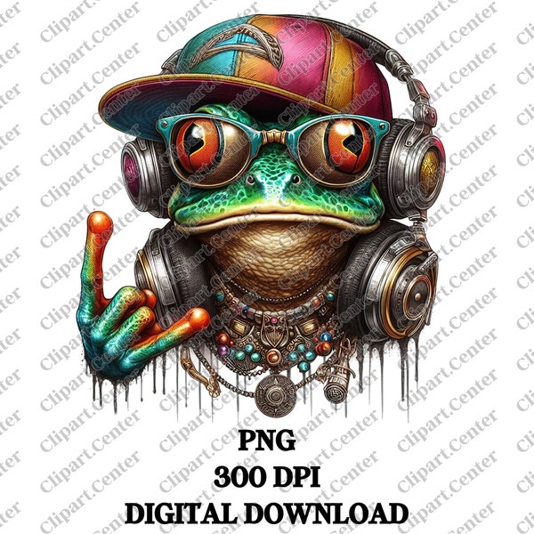 Funky Frog with Headphones Clipart, Cool DJ Frog T-Shirt Design, Digital Download PNG, Hip Hop Frog Illustration, Urban Style Graphic