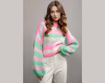 Pull funky néon en mohair - Pull d'été arc-en-ciel coloré, pull multicolore