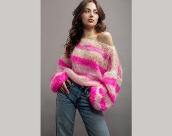 Peach-Pink Fluffy Designer Sweater - Colorful Loose Knit Summer Sweater