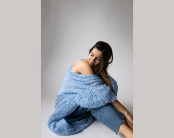 Cardigan ouvert bleu en mohair - Pull léger pour l'été et le printemps