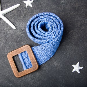 Crochet belt with square buckle, Knit bohemian belt, Blue waist belt, Cotton macrame belt