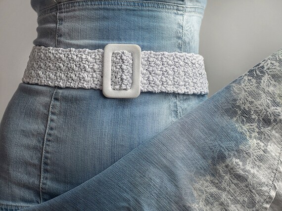 Crochet Bohemian Belt with square Vegan Leather Buckle Crochet Belt With Square Buckle, Knit Bohemian Belt, Pink  main image 3