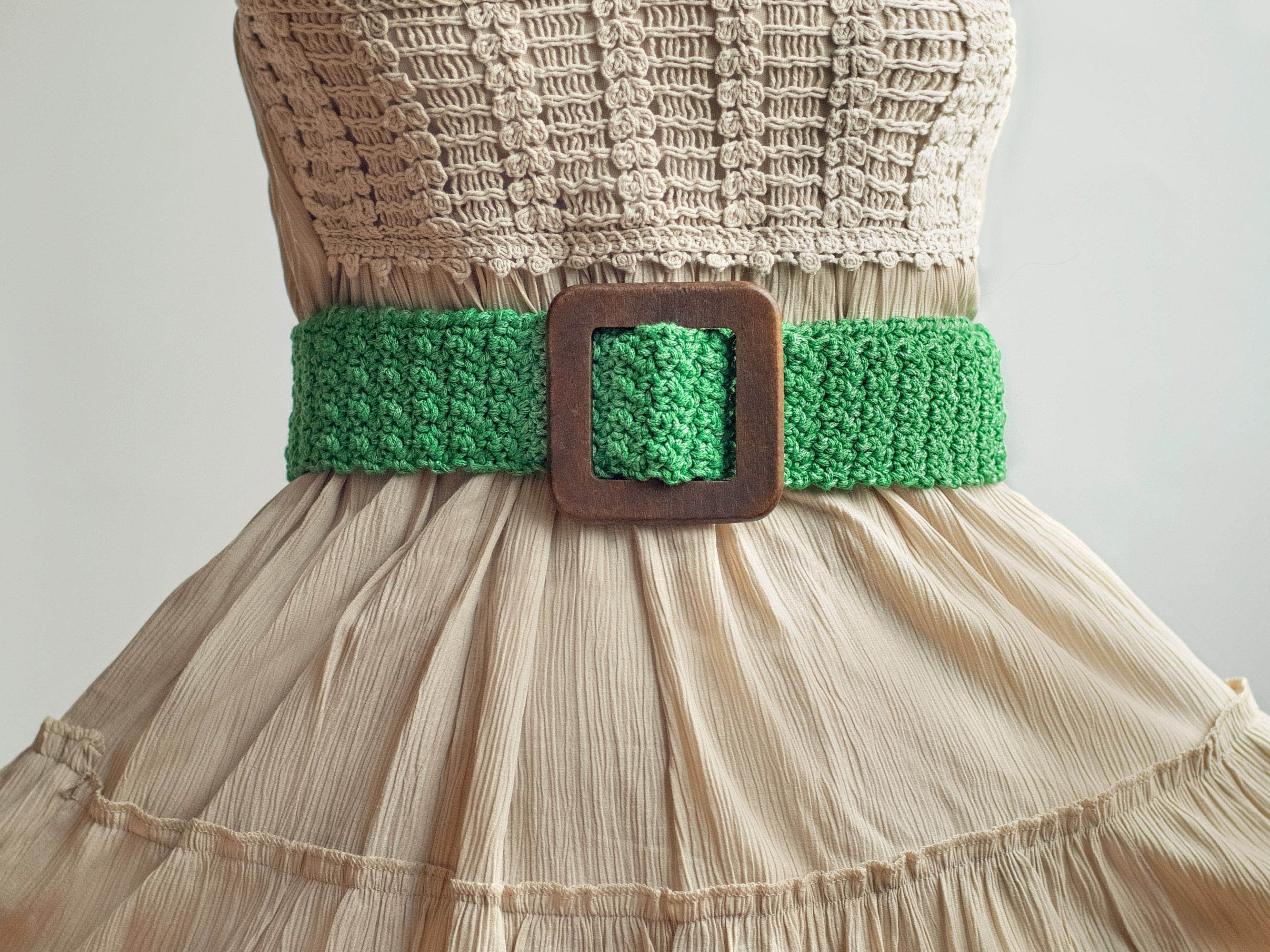 Crochet Belt With Square Buckle, Knit Bohemian Belt, Green  display picture 1