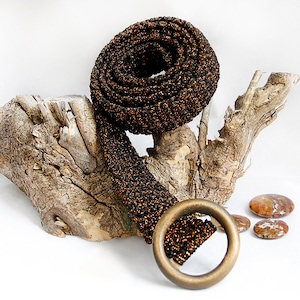 Brown bohemian belt, Crochet belt with wooden buckle, Hand knit ladies belt, Thick cotton belt