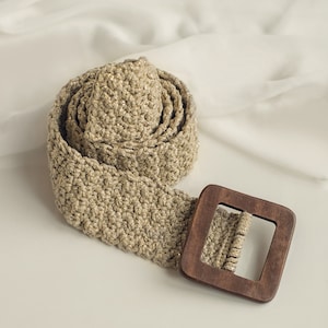 Knit bohemian dress belt, Crochet belt with square buckle, Beige waist belt, Cotton macrame belt