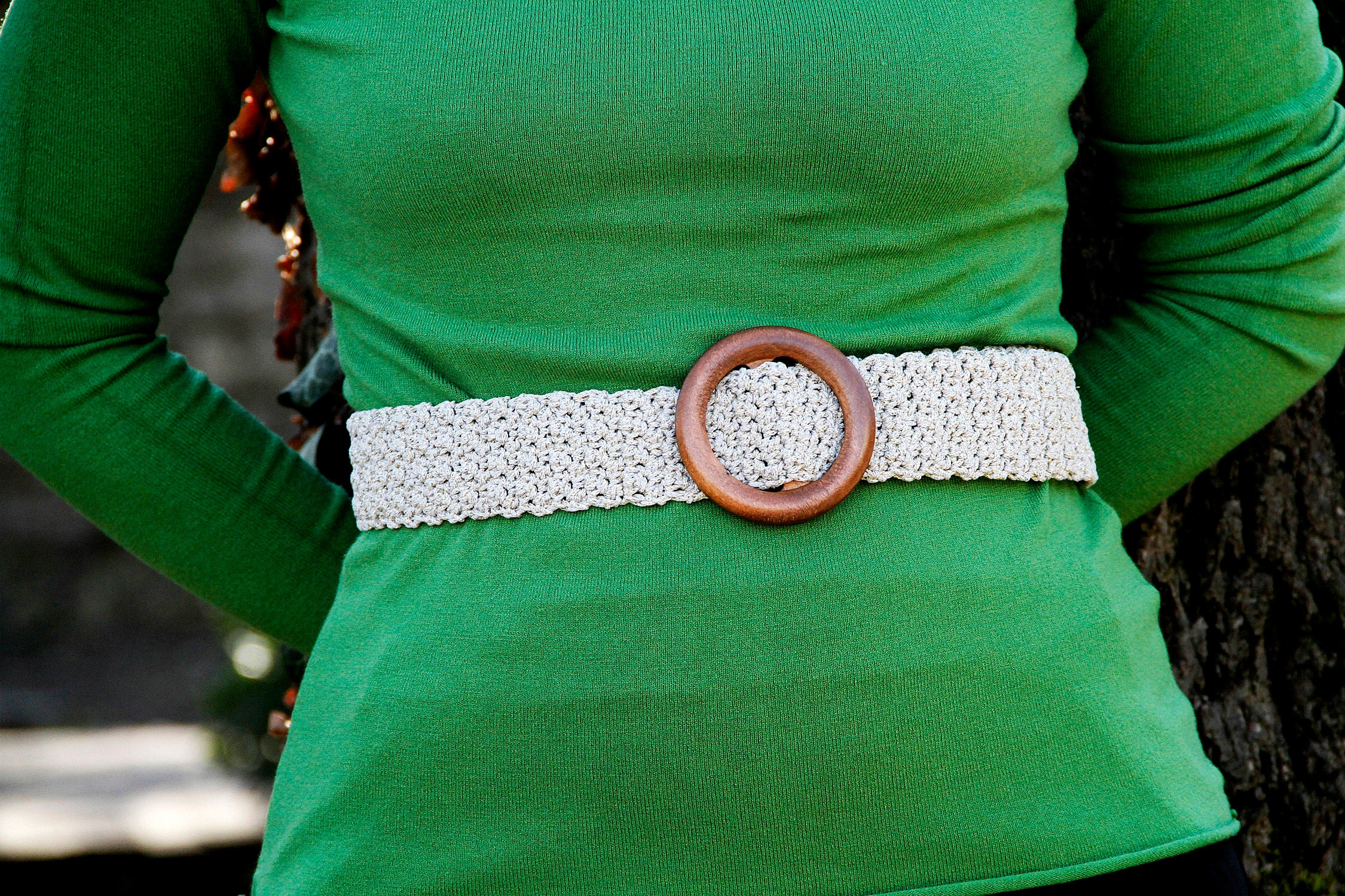 Beige Crochet Belt, Bohemian Belt With Wooden Buckle, Hand  display picture 2