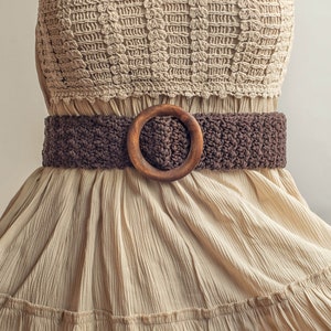 Crochet belt with round buckle, Knit bohemian belt, Brown waist belt, Cotton macrame belt