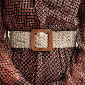 Beige waist dress belt, Knit bohemian belt, Crochet belt with square buckle, Cotton macrame belt