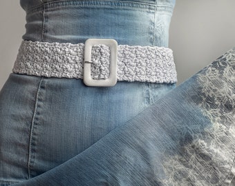 White crochet belt, Bohemian belt with buckle covered with fabric, Hand knit vegan belt