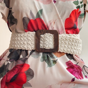 Beige waist belt, Crochet belt with square buckle, Cotton macrame belt, Knit bohemian belt