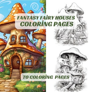 70 Blooming Fairy Houses Coloring Pages, Kids Adults Instant Download - Grayscale Coloring Pages - Printable PDF, Flower Houses,Fairy Houses