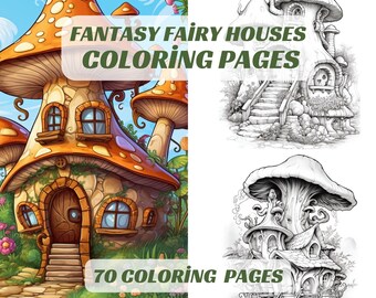 Blühende Feenhäuser Malseiten, Graustufen Fantasy (druckbare PDF)