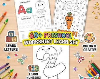 Vorschul-Lernbuch, Alphabet-Zahlen-Aktivität, Malvorlagen für Kinder (Digitaler Download)