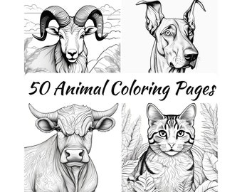 50 Animal Coloring Pages, Grayscale Illustrations (PDF Download)