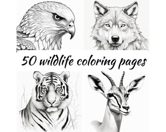 50 Wild Animal Coloring Pages: Jungle Greyscale Art (PDF)