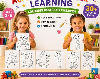 Malvorlagen mit Alphabet und Zahlen für Kinder | Lernheft für Vorschulkinder (Digitaler Download)