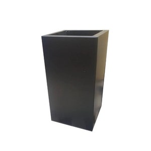 May include: A black square planter made of metal. The planter is tall and has a simple design.