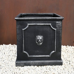 May include: A black square planter with a lion head design on the front. The planter has a distressed finish and is sitting on a bed of white gravel.