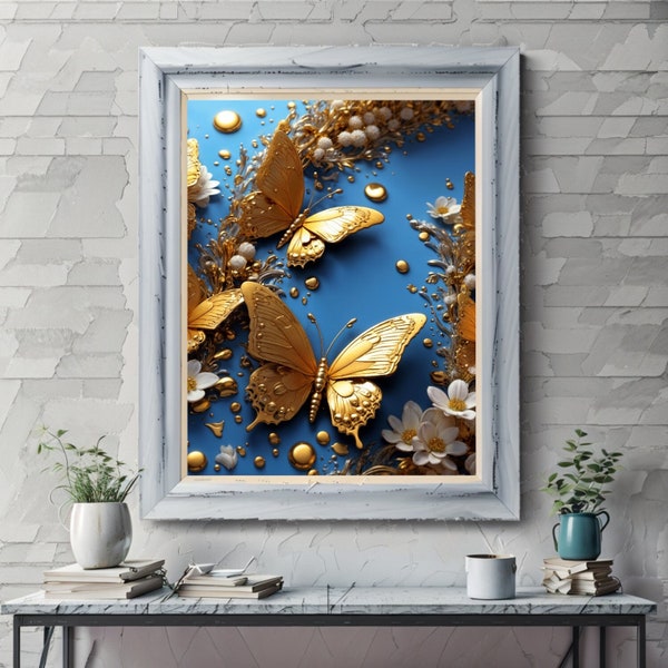 Golden Oasis: Digital Photo of Butterflies Dancing Amidst Golden Blossoms and Droplets