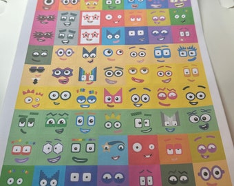 Numberblock Faces Stickers 2x 1-20 1x 21-50, Unifix Cube Stickers - 2.4cm in size - Numberblock Stickers