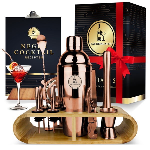 Bar dedicated - Cocktail shaker set 16 Delig - Cocktail set met bamboo standaard - verjaardag - bruiloft - party - Receptenboekje (750ml)