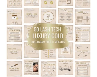 50 Luxury Gold Lash Tech Instagram Post Templates. Price list, Policies, Aftercare Instructions, Availability, Giveaway, Educational Posts.