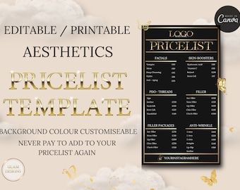 Beauty Salon Price List Template, Gold & Black, Editable in Canva (Digital Download)