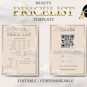 May include: A beige and gold price list template for a beauty salon. The template features a logo placeholder, a list of services and prices, and a scan to book QR code. The text "Scan to Book" is in gold lettering. The template is customizable and editable.