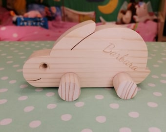 Lapin en bois à pousser - Cadeau d'anniversaire personnalisé fait main pour bébé - Lapin mignon pour jouer et décoration d'intérieur élégante