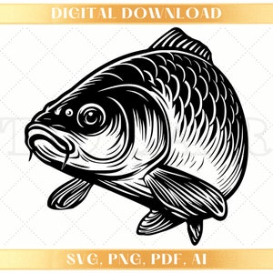 Poisson carpe SVG, PDF, PNG - téléchargement numérique pour découpe, gravure et projets laser, conception de t-shirt, vecteur silhouette carpe