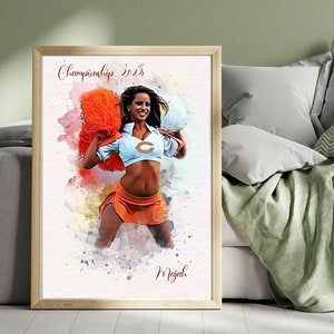 Niestandardowy portret cheerleaderki w akwareli ze zdjęcia Cheerleaderka w akwareli na ścianę – plakat sportowy – dekoracja na dzień gry – prezent dla drużyny cheerleaderek