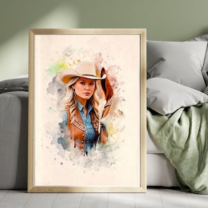 Benutzerdefiniertes Cowgirl-Aquarell-Porträt vom Foto, rustikale Western-Wand-Kunst, Reiterästhetik, Bauernhausdekor, Pferdeliebhabergeschenk