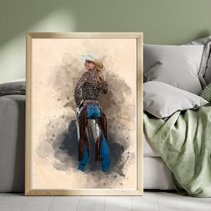 Custom Cowgirl Aquarell Portrait vom Foto Personalisiertes Geschenk für Ihn Einzigartiger Kunstdruck Benutzerdefinierte Illustration Wanddekor Cowboy Portrait Geschenk