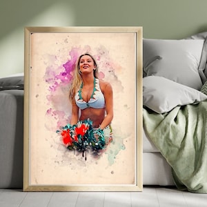 Imagem de aquarela de líder de torcida personalizada da foto Presente de dia dos namorados Arte de parede de aquarela de líder de torcida - Pôster esportivo - Impressão de garota atlética