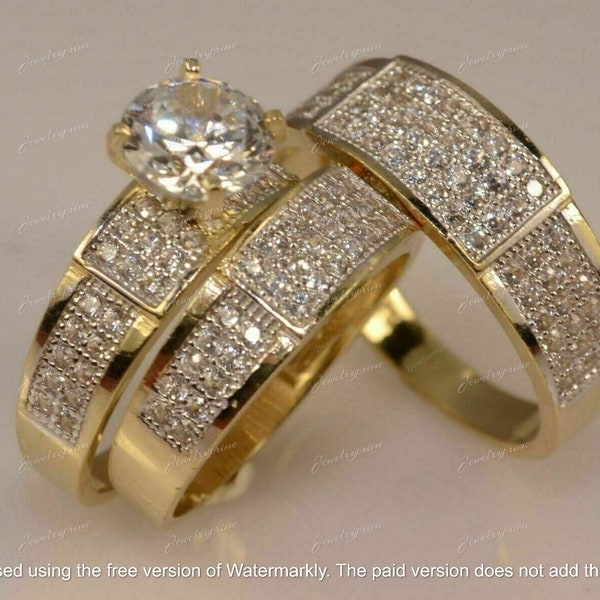 2Ct Round Cut Diamond His & Her Couple Matching Trio Ring Set, 18k Yellow Gold Plated Silver Wedding Engagement Bridal Band , Promise Ring