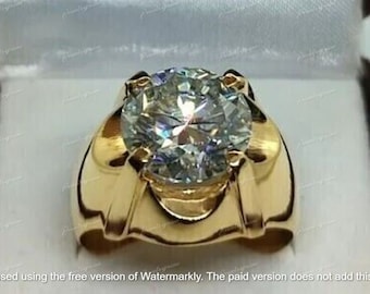 4Ct Round Brilliant Cut Real Moissanite Diamond Ring, Men&#39;s Wedding Diamond Ring, Solid 18k Yellow Gold Plated Silver,PASS DIAMOND TESTER