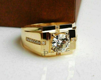 3Ct Round Cut Genuine VVS1/D Moissanite Diamond Ring, Men&#39;s Wedding Solitaire Ring, Solid 18k Yellow Gold Plated Silver,PASS DIAMOND TESTER