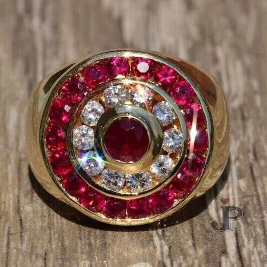 Men's Hip Hop Round Cut Ruby & Diamond Ring, Men's Bezel Set Wedding Ring, Solid 18k Yellow Gold Plated Silver, Party Wear Ring,Promise Ring