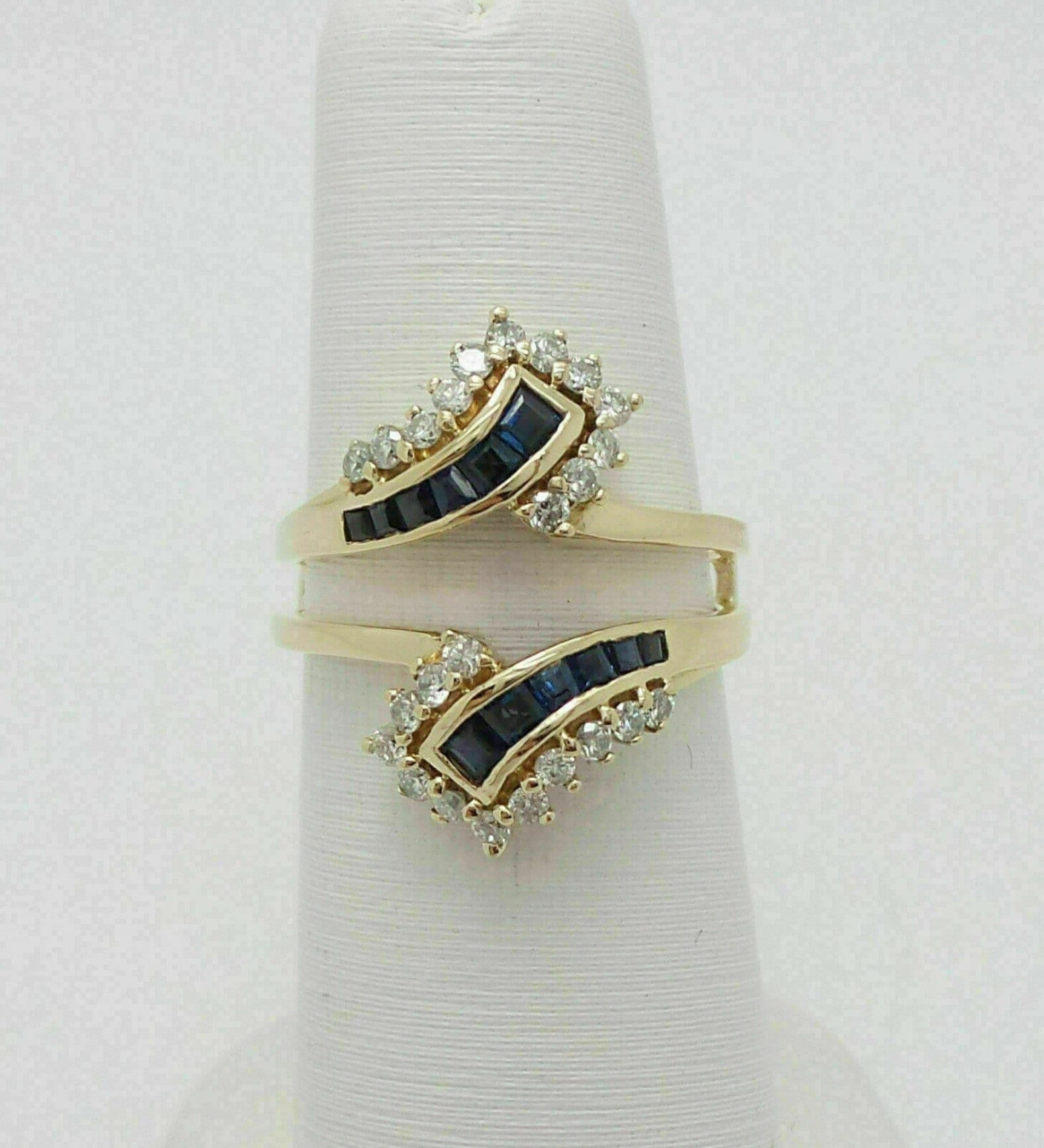 Enhancer wrap ringbeschermer voor dames, echte blauwe saffier en diamanten band, massief 14k geelgoud verguld, verlovingsring, elegante ring