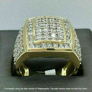 Men&#39;s Cluster Real Moissanite Diamond Ring, Solid 14k Yellow Gold Plated Silver, Wedding Anniversary Gift, Pinky Band, PASS DIAMOND TESTER